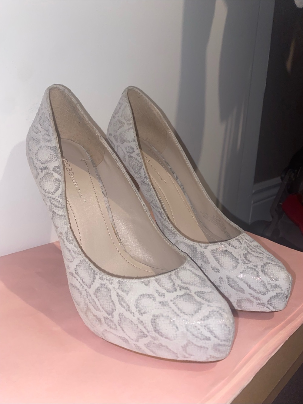 BCBGeneration Silver Glitter Suede Snake Print Platform Pumps